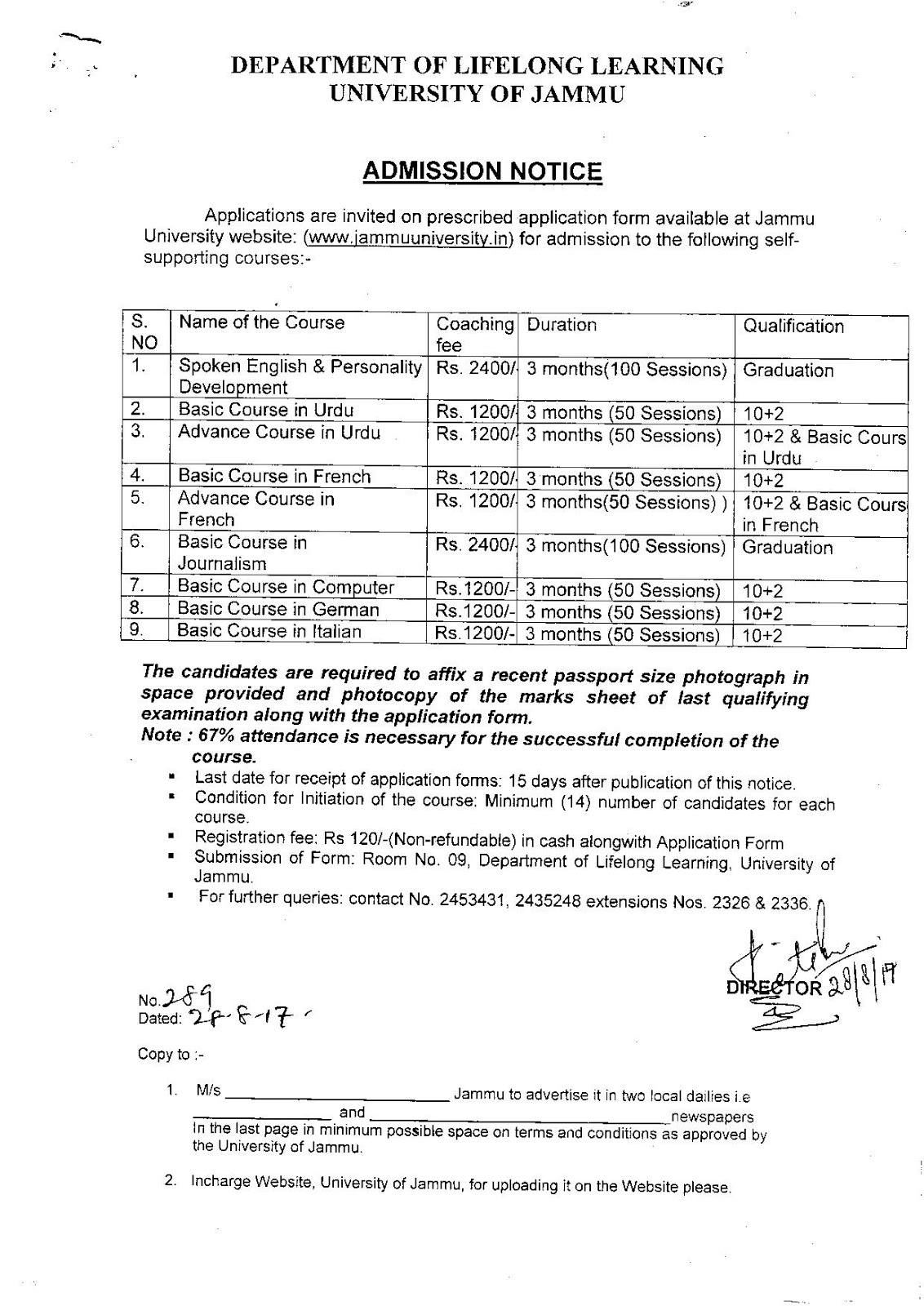 Applications invited for admission to the selfsupporting courses by