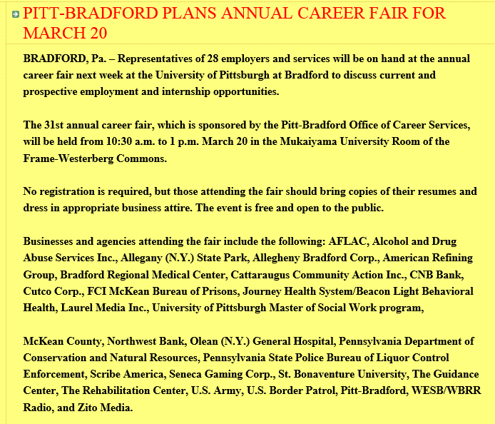 Cameron County PA News Job Fairs