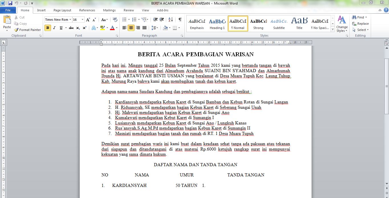 Contoh Surat Berita Acara Pembagian Warisan
