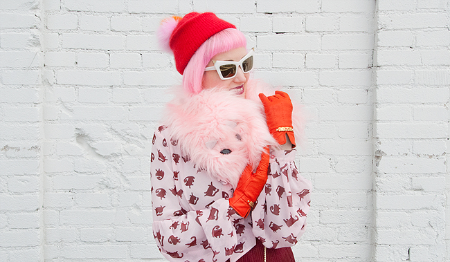 Sara is in Love with… blogger style fashion pink orange red burgundy pleated skirt faux fur cat scarf hat pink hair pinko cat print moschino gloves platform shoes Vivienne Westwood x Melissa Cléo Ferin Mercury Alexander Wang blogger look, winter outfit, pom pom hat