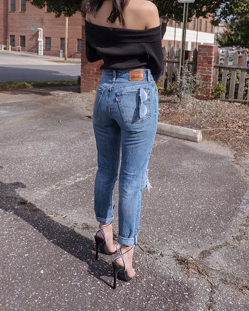 levis 501 outfit, sparkly rhinestone heels outfit