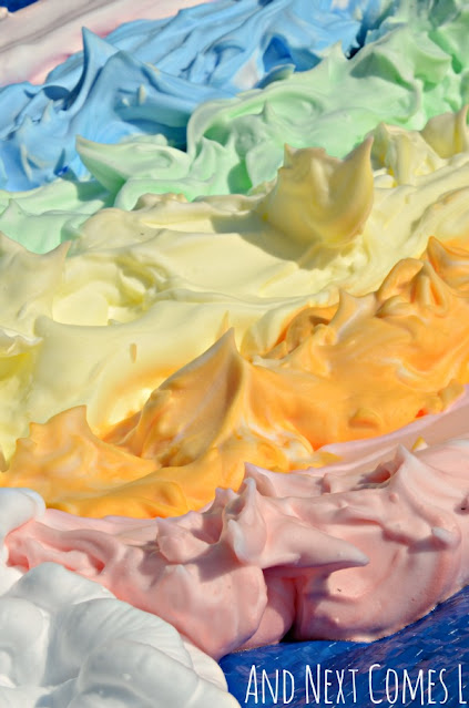 Close up of colored shaving cream sensory play