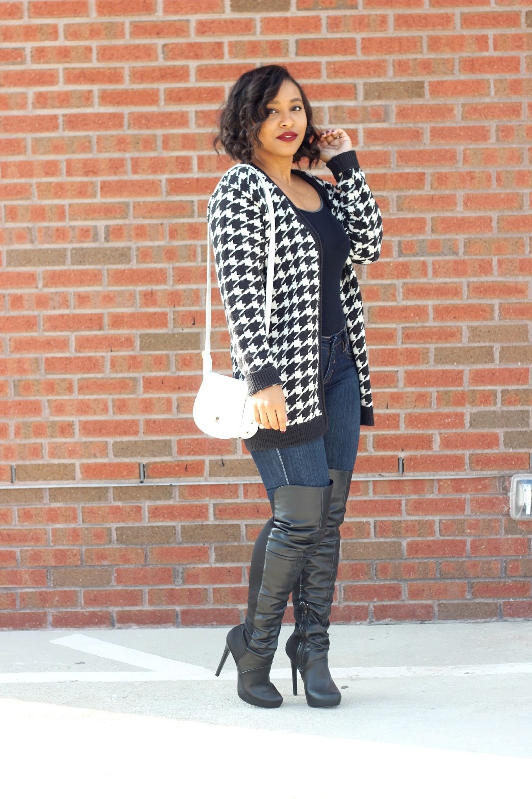 over the knee boots, otk, fall outfits, cardigans, houndstooth print, forever21