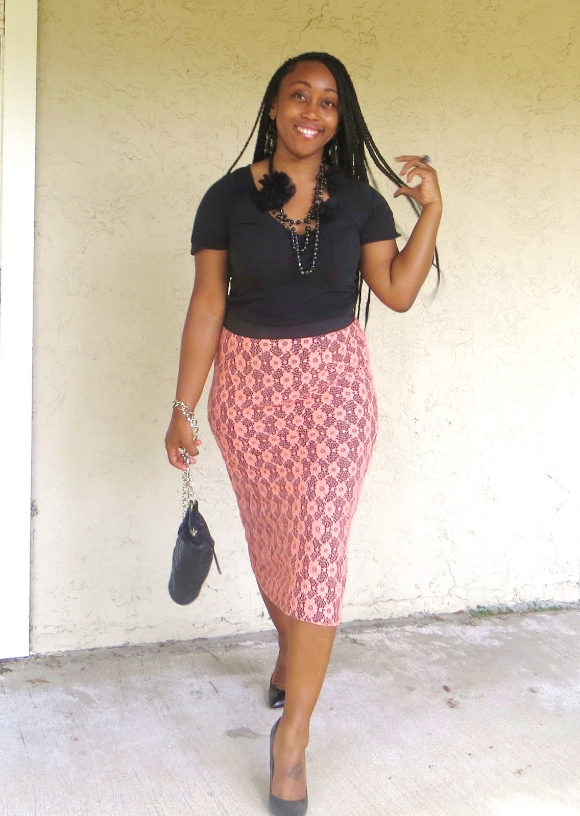 Outfit: Black Tee and Coral Lace Pencil Skirt