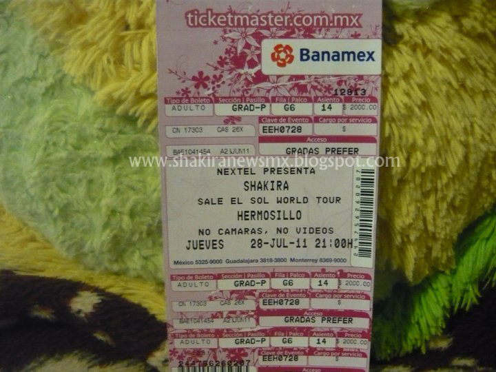 Shakira News: Boleto para concierto de Shakira en Hermosillo Sonora Mexico