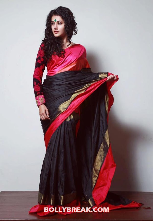 tapasee pannu in red and black saree - tapasee pannu hot in red saree