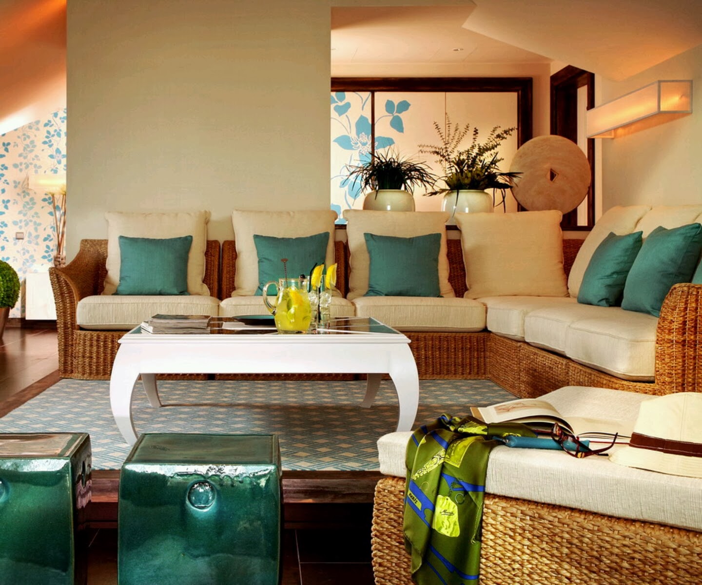 Bamboo living room furniture set with beige and Green cushions