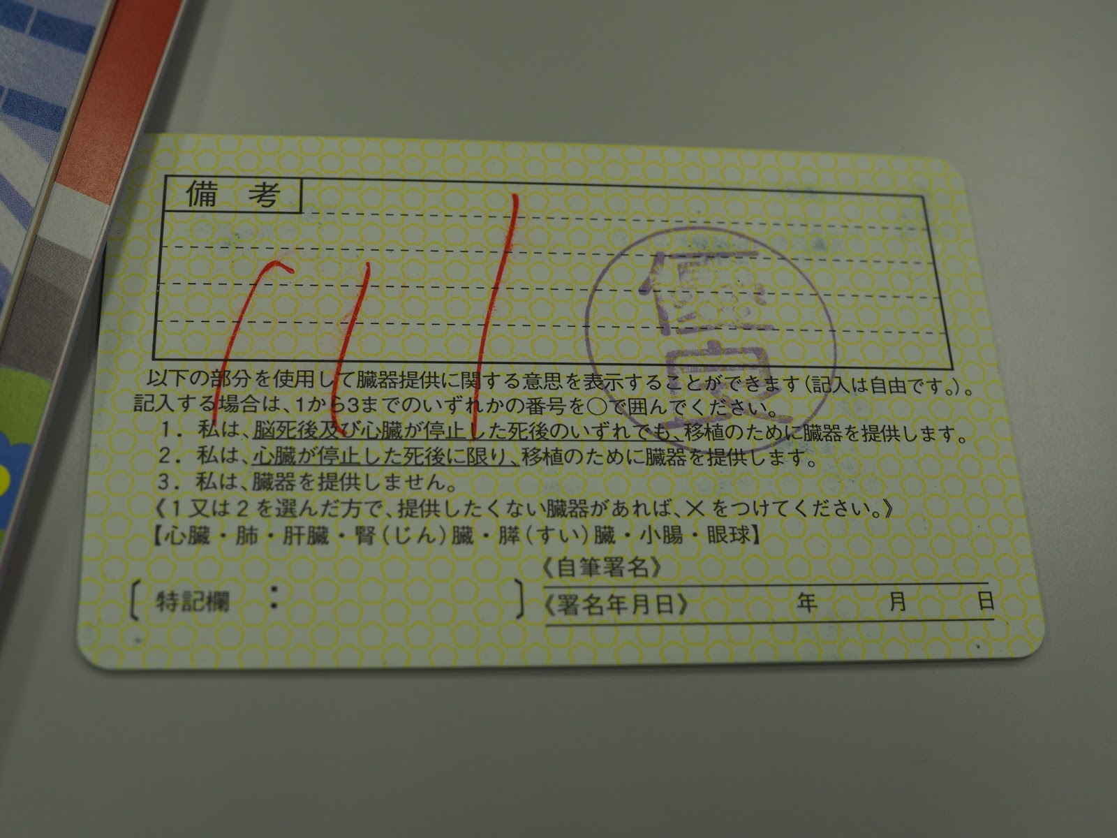 運転免許証裏の臓器提供意思表示