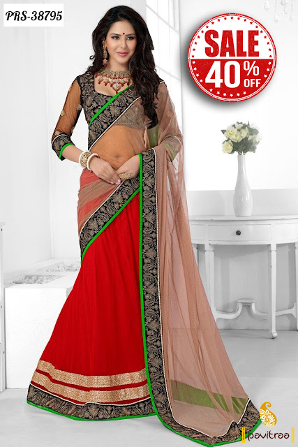 Women's Day Special Dhamaka Sale Offer Flat 40% Off On Red Color Net Designer Sarees Online Shopping at Pavitraa.in