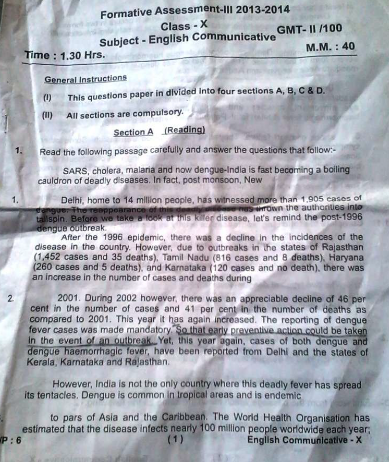 CBSE Delhi SSLC English Communicative III Assessment 2013 Question