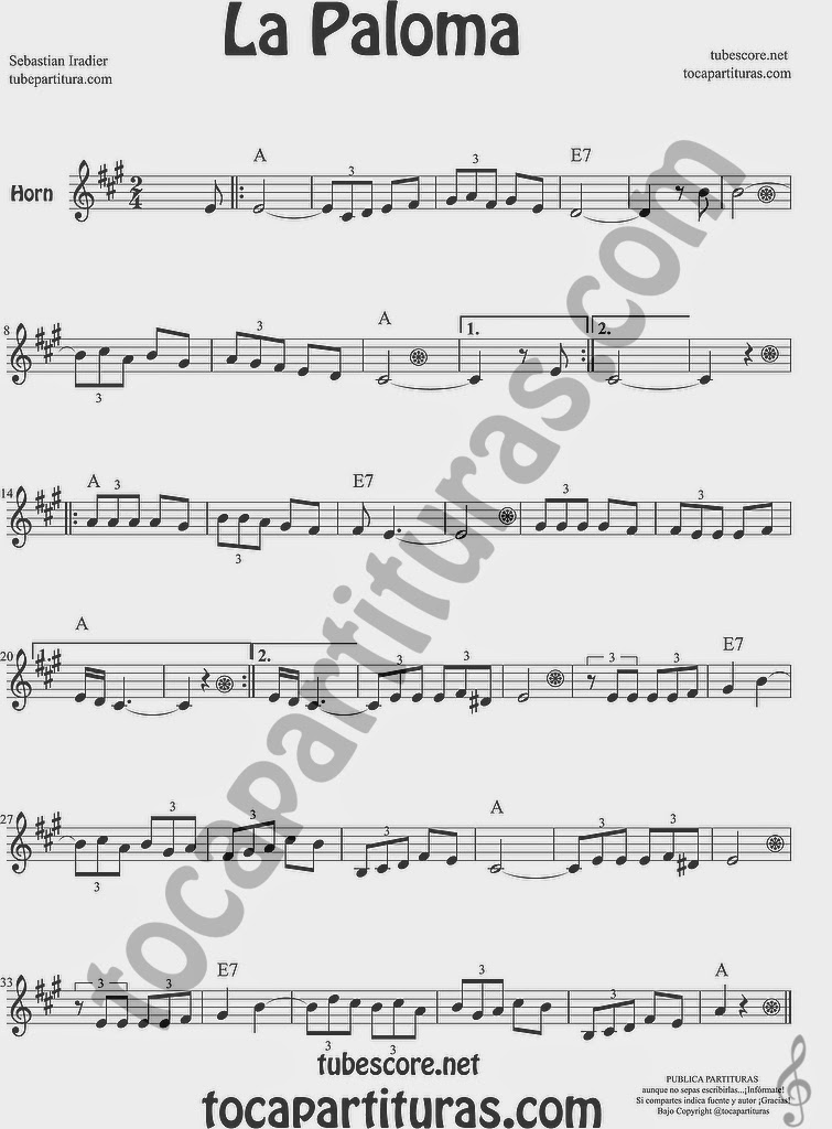 La Paloma Partitura de Trompa y Corno Francés en Mi bemol Sheet Music for French Horn Music Scores
