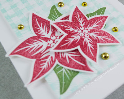 This simple and fun Christmas card features a non-traditional pop of Pool color behind the more traditional red and green.  Featuring stamps from Fun Stampers Journey. 