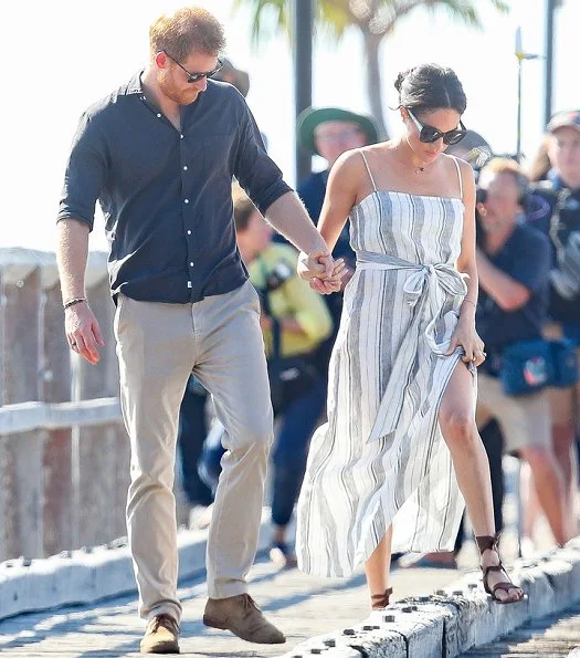 Meghan Markle wore Reformation Pineapple Dress and Sarah Flint Grear Lace Up Sandals. Adina Reyter three diamond amigos curve post earrings