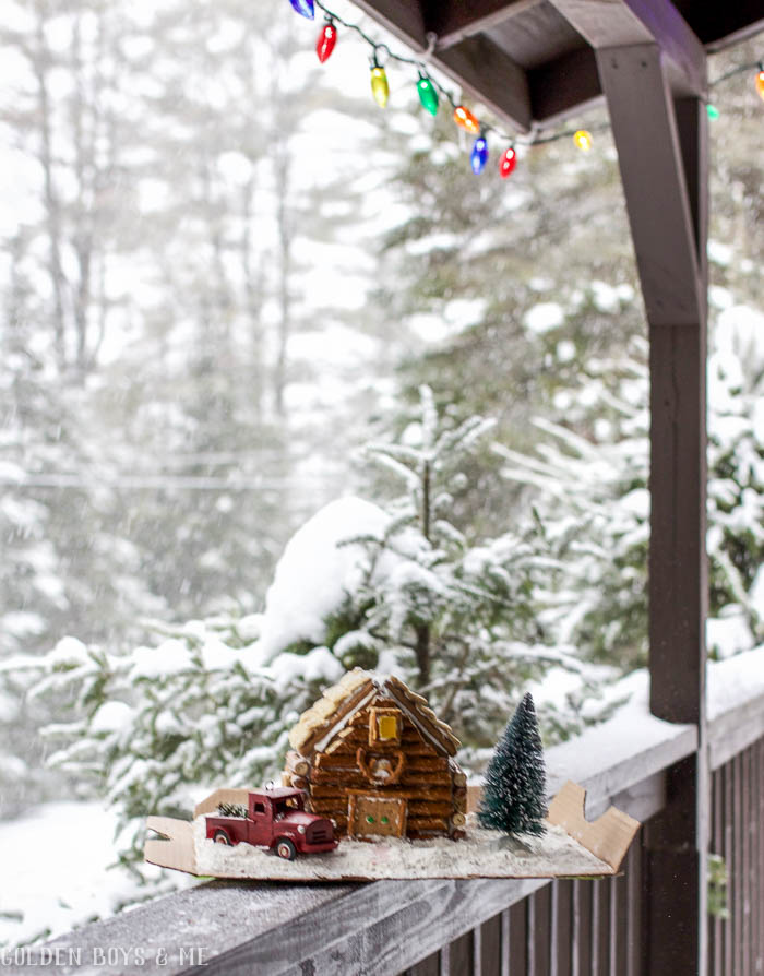 Log cabin gingerbread house for a cabin Christmas in the mountains