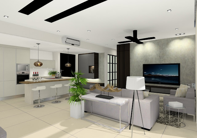 living hall and modern kitchen design - Meridian Interior Design