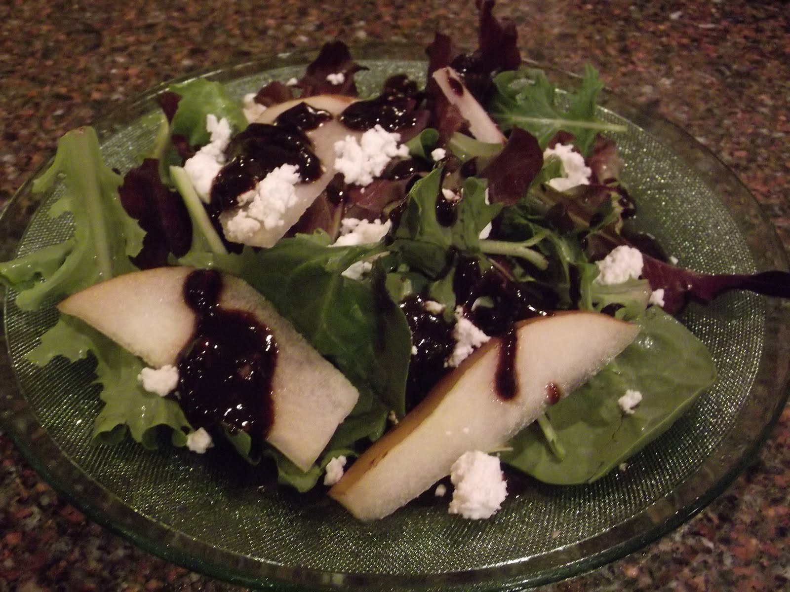 Kellie's Kitchen Mixed Green Salad with Pears, Goat Cheese, and a Fig