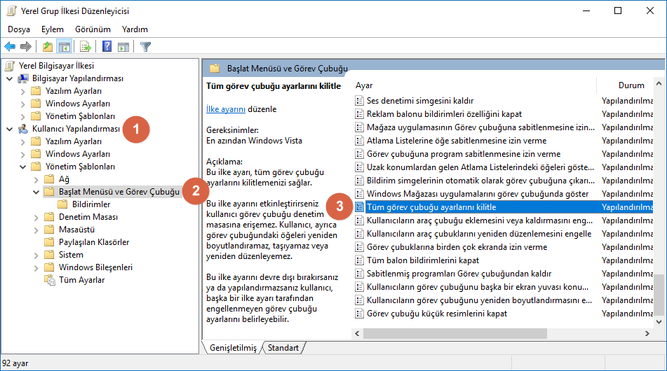 Windows 10 Görev Çubuğunun Tüm Ayarlarını Devre Dışı Bırakma 2 Yolu