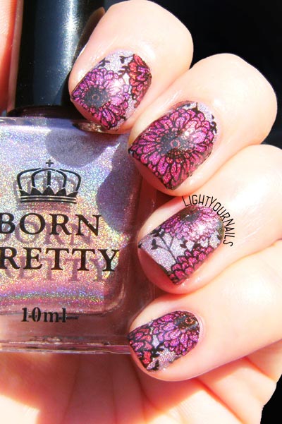 Pink holographic flowers nail art feat. Bornprettystore holo polish H004 Magnificent Time and BPY40 water decals