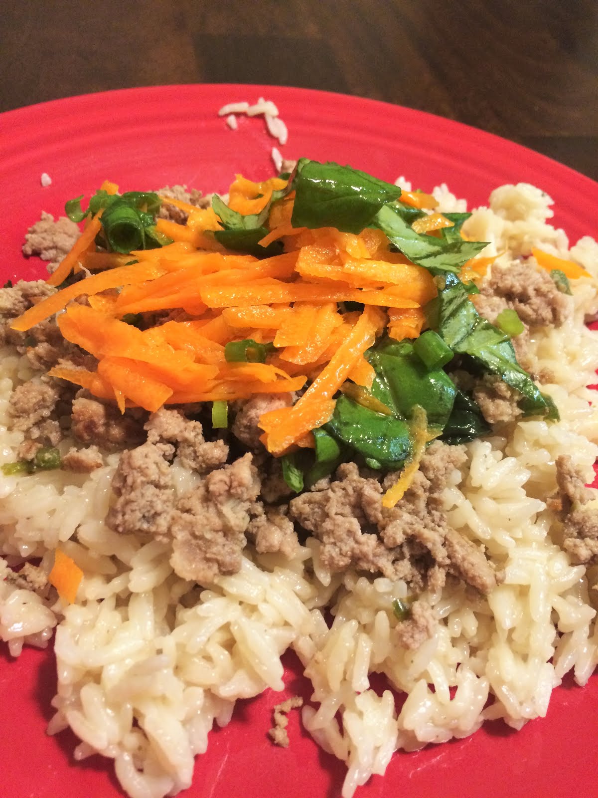 The Loneliest Porker Thai Basil Beef with Carrot Slaw and Coconut Rice