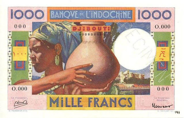 Djibouti French Somaliland money currency 1000 Francs banknote Bank of Indochina