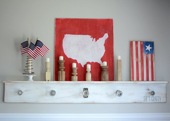 4th of july mantel- flags, vintage candle sticks
