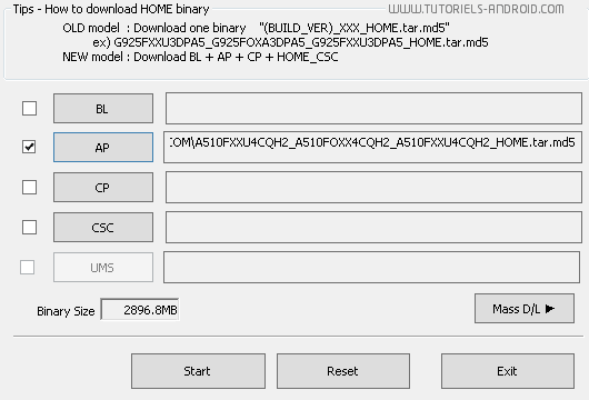 Nougat pour SM-A510F : placer le fichier .tar.md5 dans Odin3