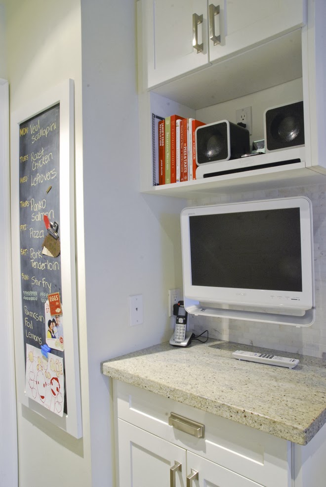 Rambling Renovators | white kitchen shaker cabinet ribbed glass media station tv