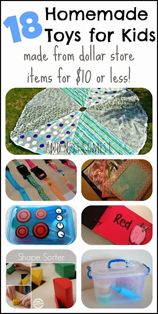 18 Homemade toys for kids made from dollar store items for $10 or less.  They make perfect gifts!  from And Next Comes L