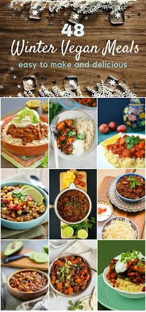 48 easy winter vegan meals to see you through the cold months. Comforting meals that anyone can make. From soups and stews to pies and curries. #veganrecipes #vegansoups #veganstews #vegancasseroles #veganchilli #veganpies #veganuary