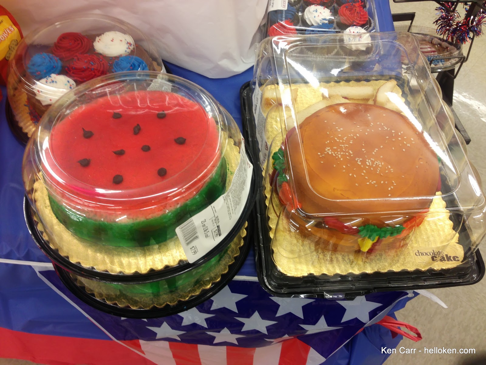 Watermelon cake and cheeseburger and fries cake