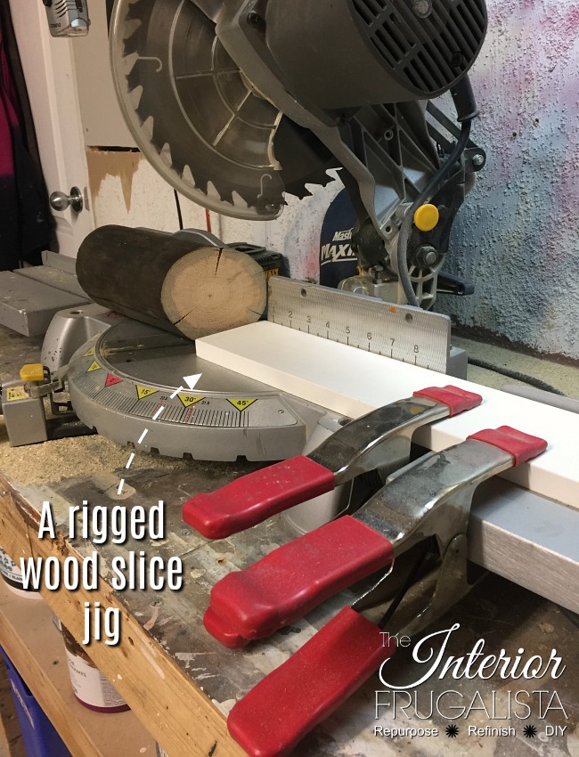 A rigged jig to cut wood slice ornaments in uniform sizes