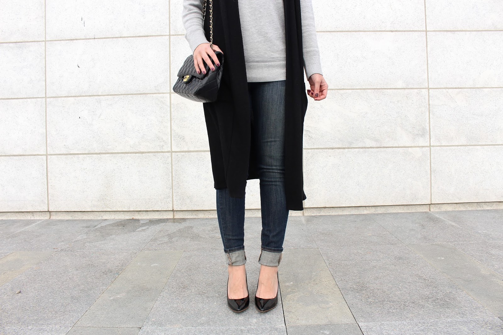 Bijuleni- Black Duster vest,grey ruffle sweater, Yoga Jeans highrise ankle skinny jeans, Jcrew heels and Chanel Vintage handbag