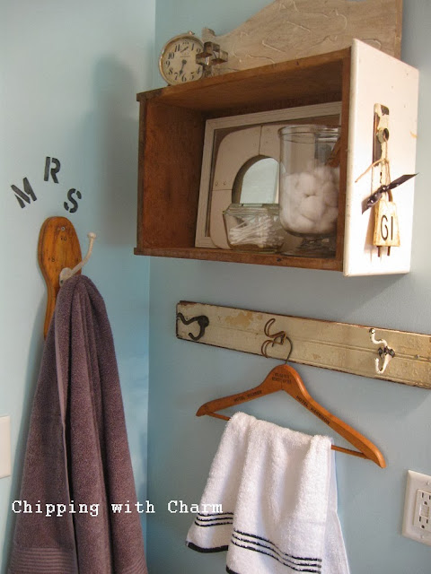 Chipping with Charm:  Getting Organized with Junk, Drawers and Salvaged Hooks in the Bathroom...http://chippingwithcharm.blogspot.com/