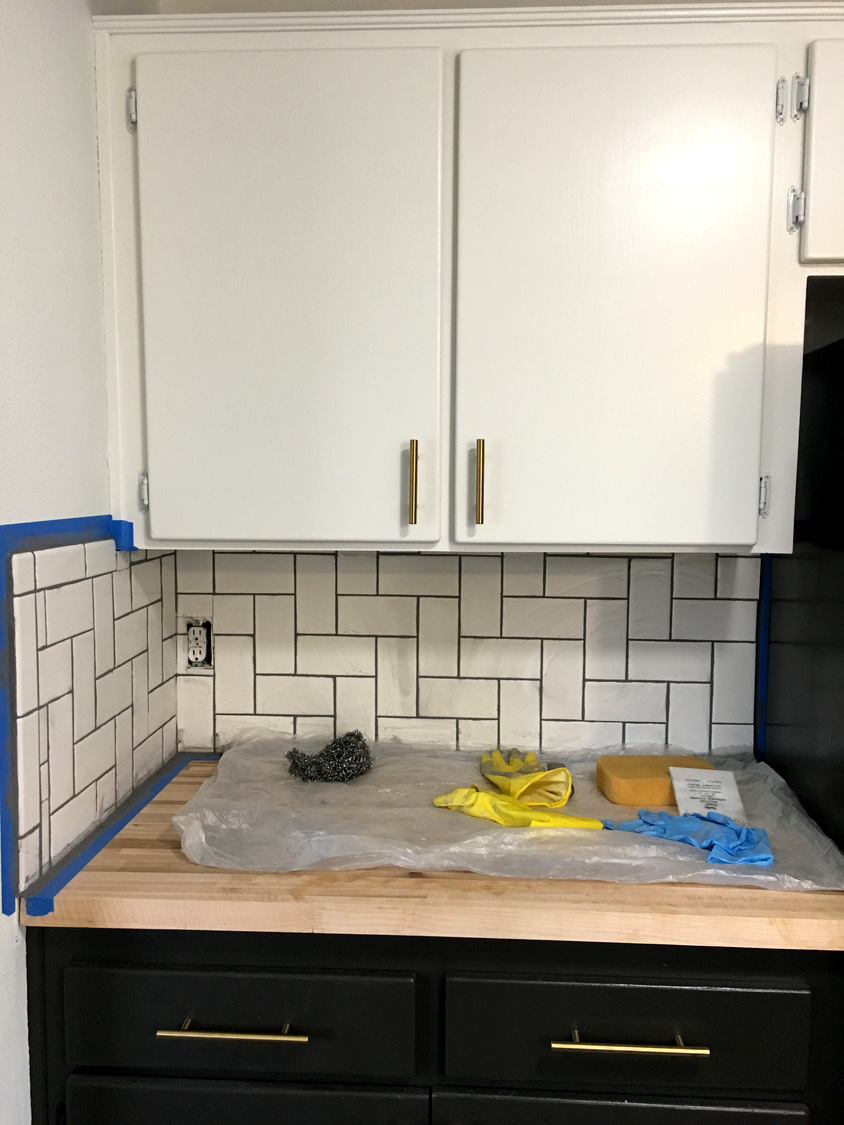 straight herringbone backsplash tile kitchen tutorial ceiling paint down dry grout except touch done