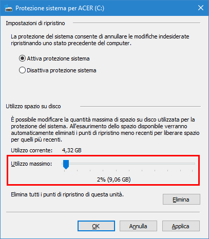 Windows settare Utilizzo massimo spazio Ripristino configurazione sistema