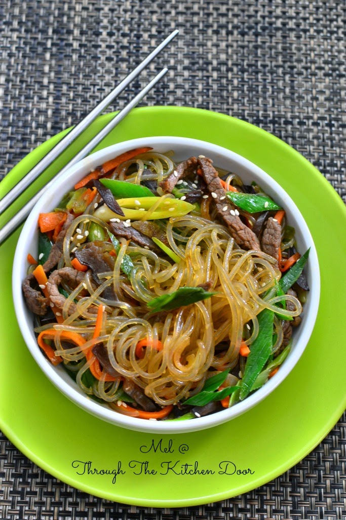 Through The Kitchen Door Japchae With Beef Bulgogi (Korean stir fried beef noodles with vegetables)