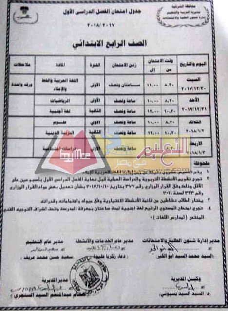  جداول امتحانات محافظة الشرقية الترم الأول 2018 3-7
