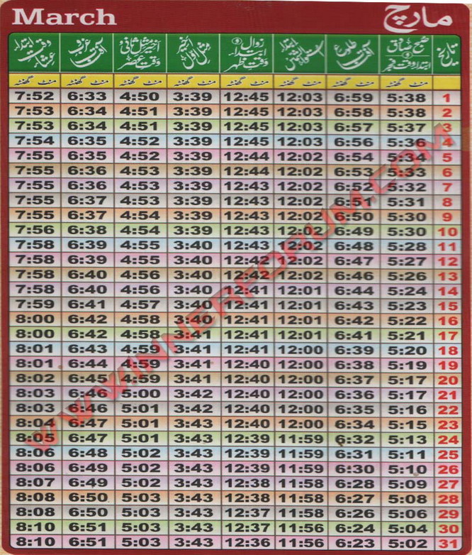 Auqat E Namaz Calendar