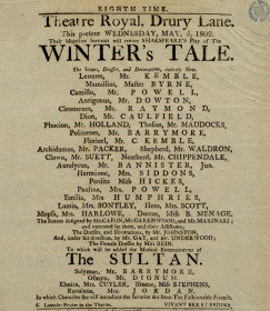 Original playbill for The Winter's Tale starring Sarah Siddons