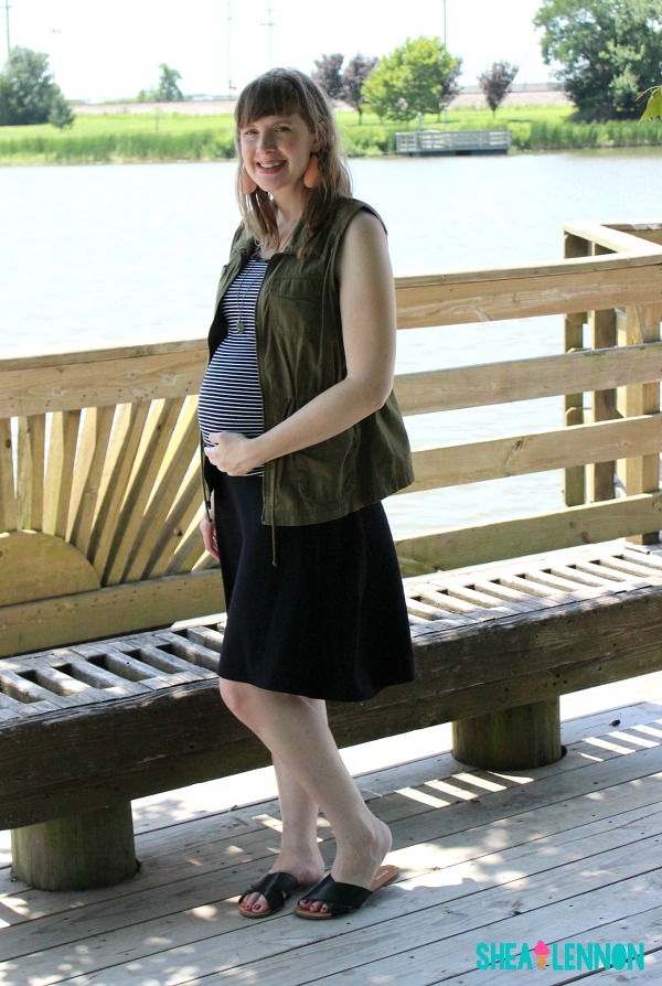 Neutral basic layers for summer with a cargo vest, stripes, and simple knit skirt - www.shealennon.com