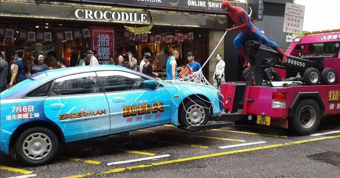 Just A Car Guy SpiderMan marketing tow truck in Hong Kong