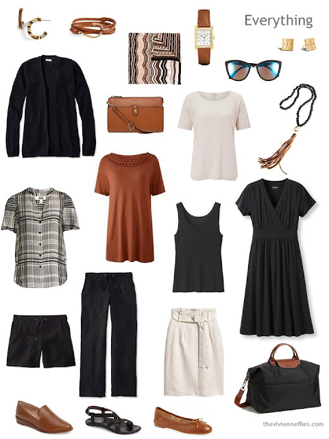 warm weather travel capsule wardrobe in black, ivory and brown warm weather travel capsule wardrobe in black, ivory and brown