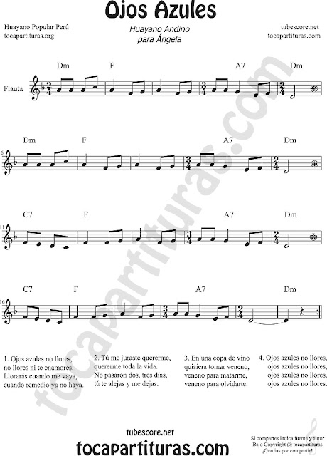  Flauta Travesera, flauta dulce y flauta de pico Partitura de Ojos Azules Sheet Music for Flute and Recorder Music Scores 