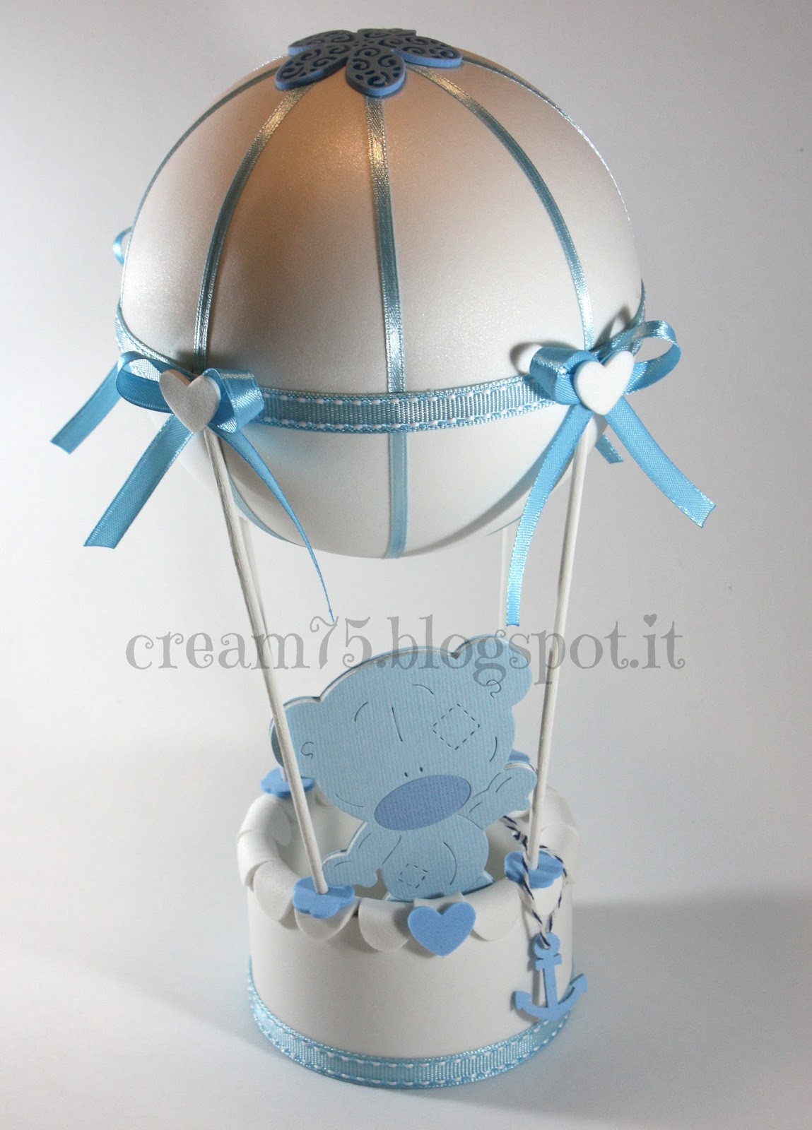 Bomboniera Portafoto Mongolfiera Orsetto Celeste - Soprammobile Legno Per Nascita E Battesimo Made In Italy - Foto 3