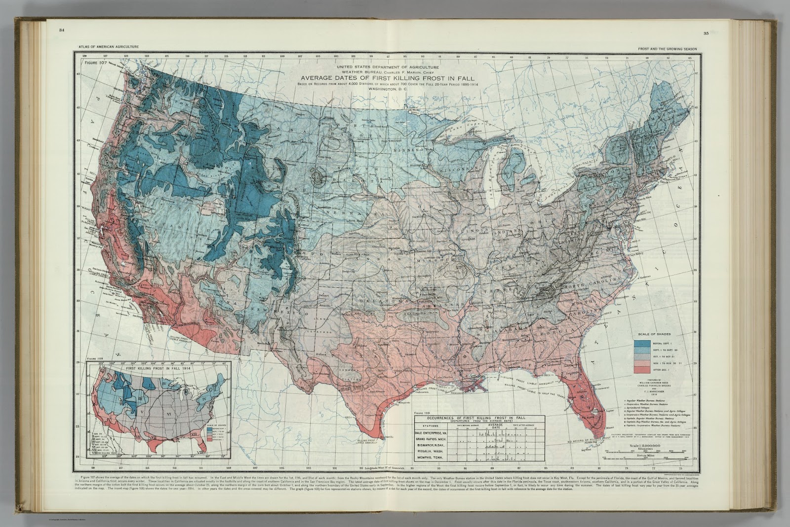 "Average Dates of First Killing Frost in Fall," William Reed Gardner, Charles Franklin Brooks, and F.J. Marschner (1916).