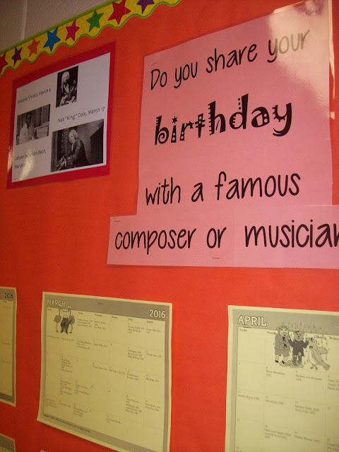 Calendar of musicians' birthdays for bulletin board