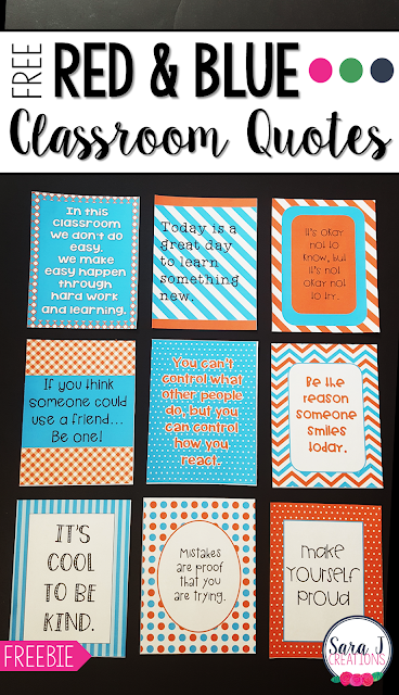 FREE printable classroom quotes in a red and turquoise blue theme