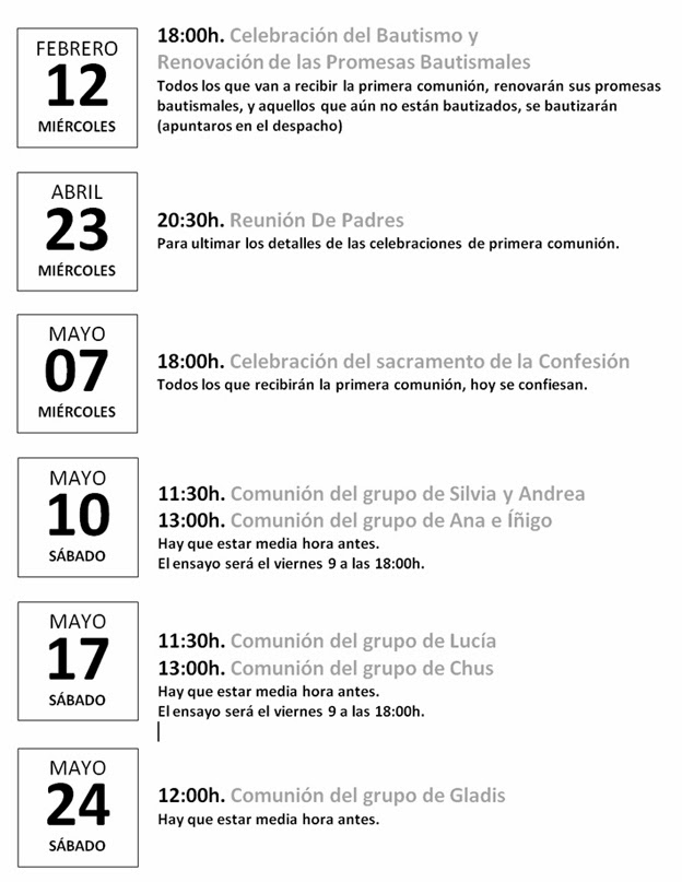 Catequesis de Iniciación Cristiana Parroquia Cristo Sacerdote Fechas Primera Comunión 2014