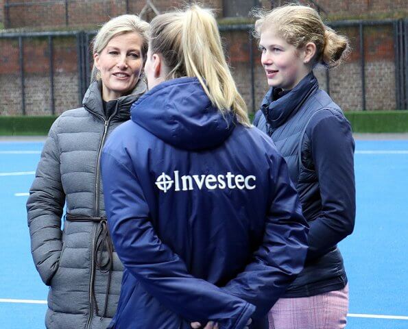 Lady Louise Windsor plays hockey as she attends an England Hockey team training session at Bisham Abbey National Sports Centre