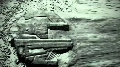 The Baltic Sea Anomaly UFO with the crash marks embedded in to the sea floor or sea bed behind it.